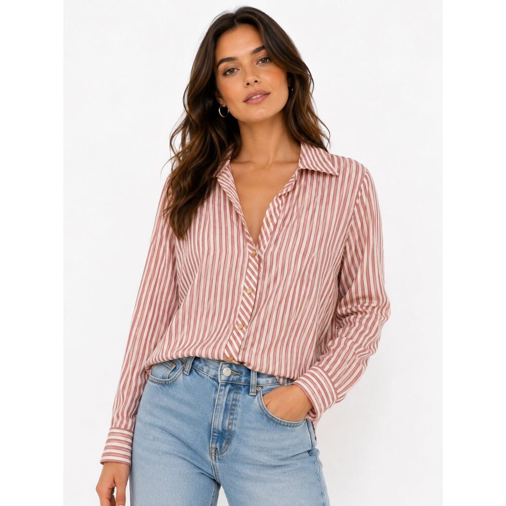 Zara Brick Red & Cream Striped Long Sleeve Button-Up Shirt Size S